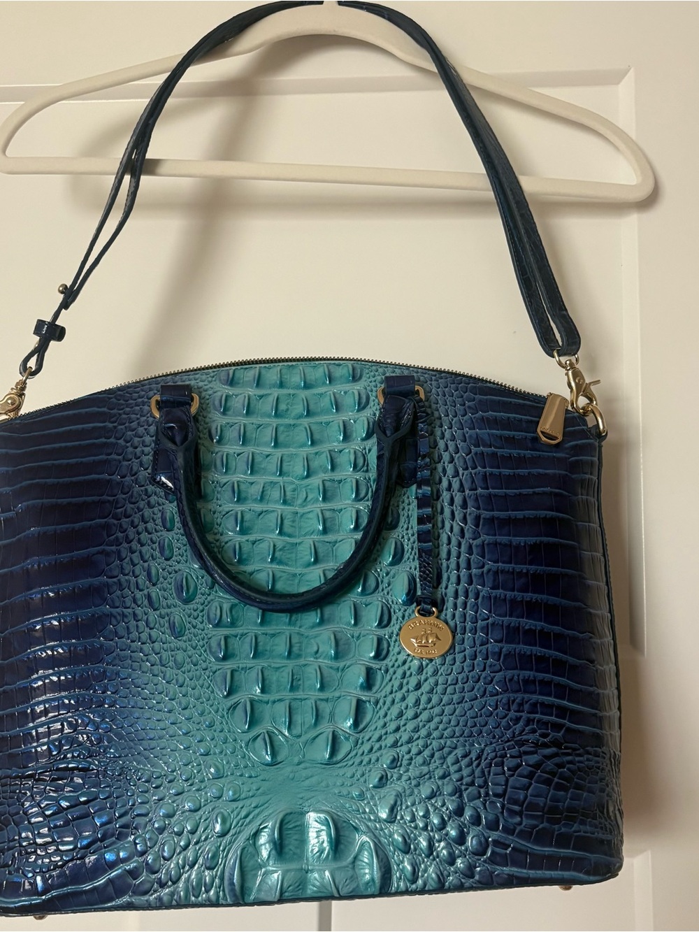 Brahmin Teal and Navy Croc-Embossed Satchel